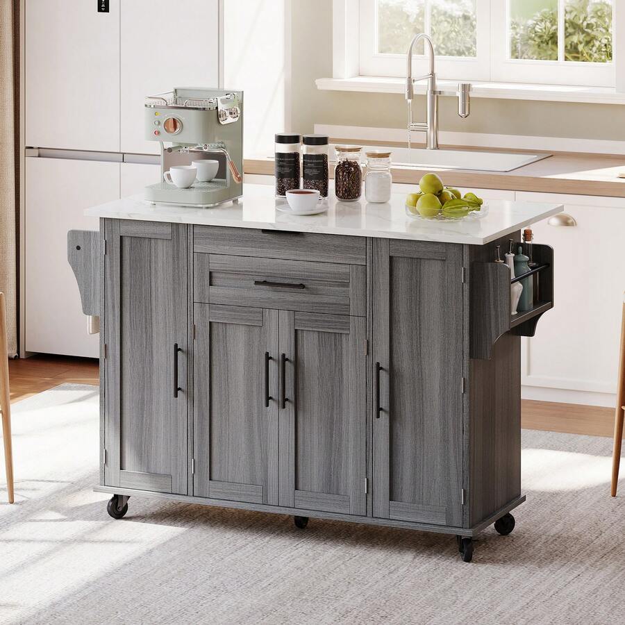 120*45 Cm, Mobile Kitchen Island, Kitchen Trolley, Worktop Extendable Up To 70 Cm, Hidden Cutlery Drawer, Adjustable Shelves, Spice Rack And Towel Rack, Suitable For Kitchen, Dining Room Or Living Room. - Grey - View 1