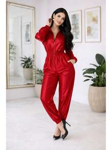 Women's Set: Long-Sleeved Blouse With Shoulder Pads And Jogger Pants In Thick Satin Crepe With Elastane, Fitted Cuffs, Stylish, Modern And Sophisticated - 紅色 - 查看 9
