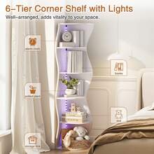 VECELO 5-Tier Corner Bookshelf With LED Light,Corner Shelf,59.3" Tall Standing Shelf Organizer, Wooden Stylish Bookcase Storage Rack For Study, Living Room, Bedroom - 查看 6