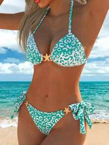 Bộ bikini 2 mảnh thời trang dành cho nữ, họa tiết ngôi sao và da báo, chất liệu co giãn cao, thích hợp cho kỳ nghỉ hè. - Xanh lá và trắng - Xem 4