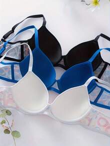 3pcs Women's Comfortable Printed Adjustable Strap Bras With Underwire - Multicolor - View 2