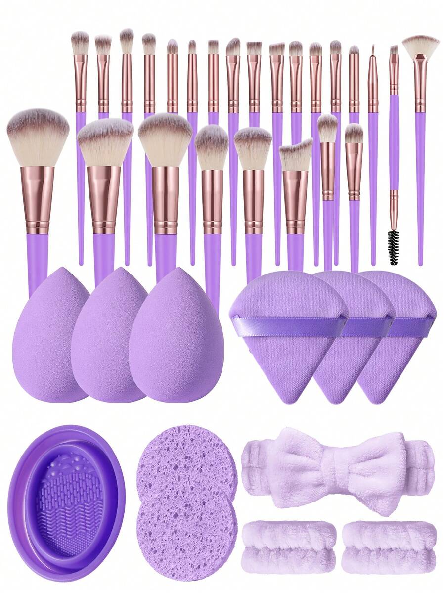 5/37PCS Makeup Tools Set Including:25PCS Makeup Brush Set+3PCS Makeup Sponges+3PCS Triangle Powder Puffs+1pc Hairband+2PCS Hand Bowl Strap+2PCS Facial Cleansing Sponges+1pc Makeup Brush Cleaning Tools - Mauve Purple - View 1