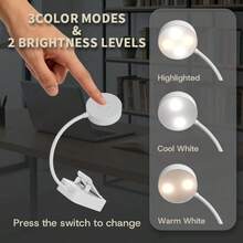 VOLACI 4LED Eye-Care Clip-On Book Light, Rechargeable 3-Color Dimmable Desk Lamp, Stepless Dimming Portable Reading Light, Bedside Reading Lamp (Battery Not Included) - White - View 8
