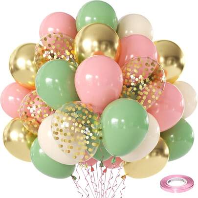 30pcs 10-Inch Sage Green, Pink, White Balloons With Gold Metallic Confetti Balloons, Suitable For St. Patrick's Day, Wedding, Bridal Shower, Birthday Party Decoration