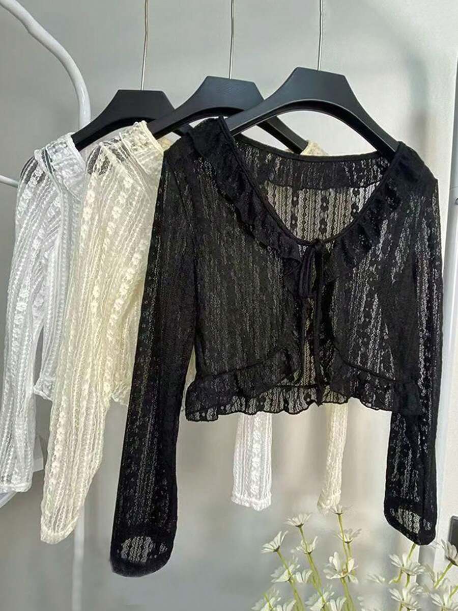一件蕾丝短款开衫，系带长袖披肩，荷叶边下摆，甜美夏季女式外套，适合海滩、度假穿着 - 彩色 - 查看 1