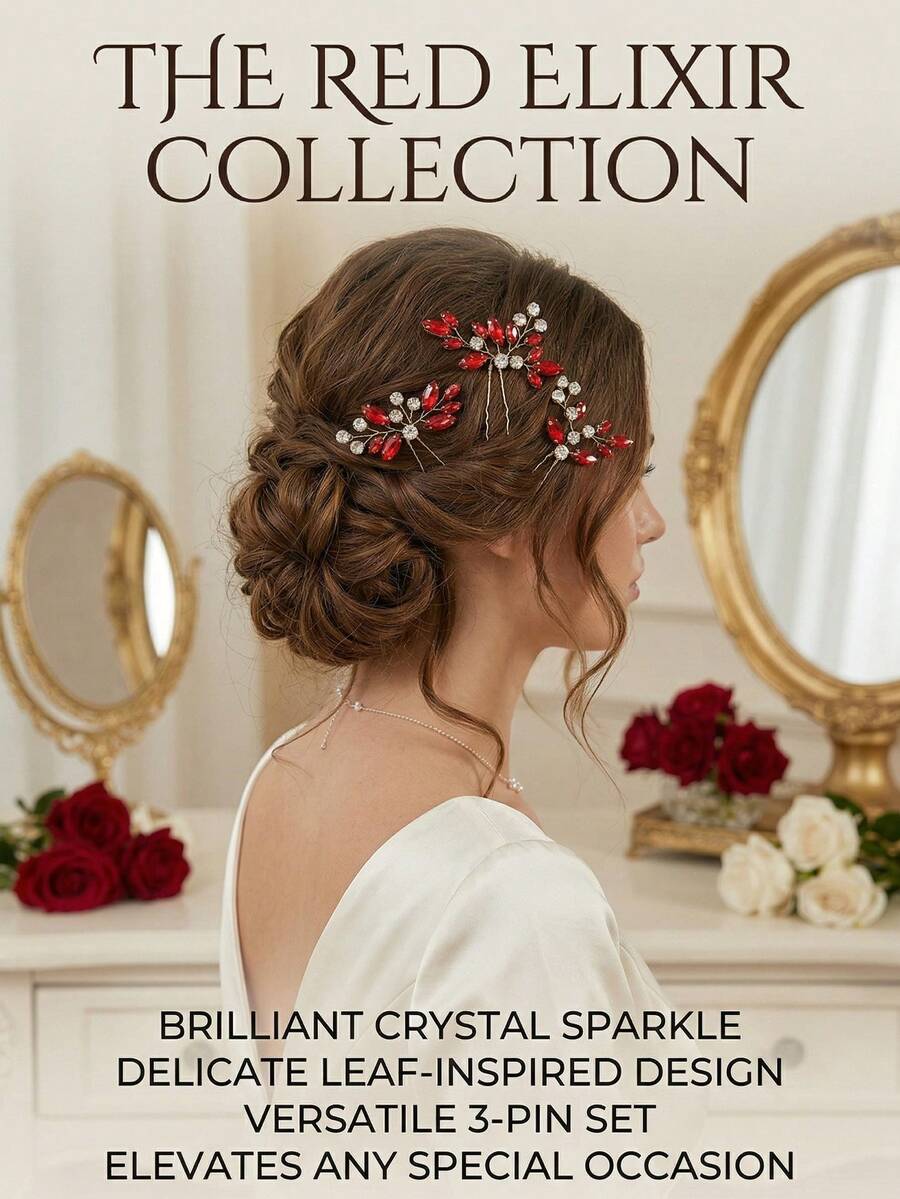 3pcs Vintage Luxury Crystal Red Diamond Leaf Gold Hair Clip Set, Romantic Wedding Party Hair Accessory