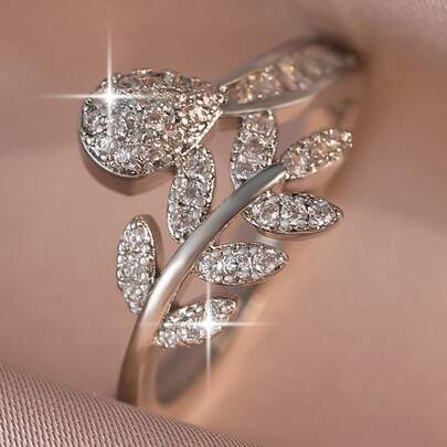 1 chiếc nhẫn cưới hình lá lãng mạn sang trọng đính đá Cubic Zirconia, thích hợp làm quà tặng kỷ niệm, Ngày Valentine, Ngày của Mẹ, trang sức đeo hàng ngày, quà tặng cho bạn bè.