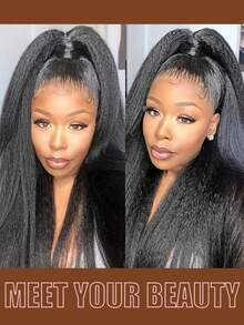 Tóc giả Yaki Straight Lace Front Blended Hair Wigs, mật độ 180%, kích thước 13x4, kiểu tóc xoăn tự nhiên, màu sắc trung bình. - Tự nhiên & Đen - Xem 6