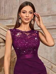 MIUSOL Đầm dự tiệc cocktail không tay cổ tròn đính sequin và ren hoa cổ điển, đầm mùa hè thanh lịch dành cho nữ. - Màu Tím - Xem 10