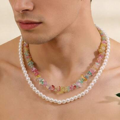 Bộ 2 dây chuyền hạt ngọc trai giả và pha lê trắng, kiểu dáng giản dị, thích hợp đeo hàng ngày, dành cho cả nam và nữ (Màu sắc và kích thước hạt không được chỉ định).