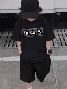 Boys & Teens' Casual Graphic Print Round Neck Short Sleeve T-Shirt, Summer Top - Black 3 - View 2