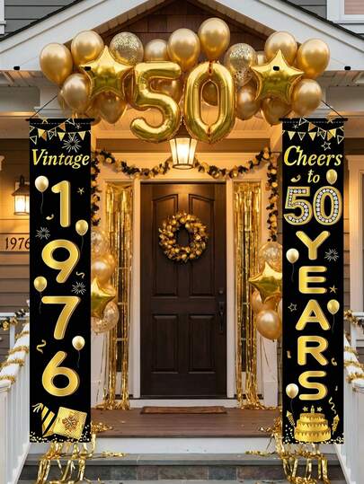 2 piezas Decoración de jardín de 50 cumpleaños en negro y dorado, Bandera colgante de tributo vintage 1976 a 50 años, Decoración colgante pre-ensamblada, Adecuado para suministros de fiesta de 50 cumpleaños para hombres y mujeres