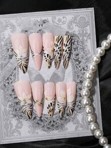 24片装按压式美甲贴片，3D立体兰花豹纹印花，长款法式尖头奢华可拆卸假指甲，包含1瓶甲油胶和1个指甲锉，提升您的节日、日常妆容，适合学校、办公室、派对等场合。 - 彩色 - 查看 5
