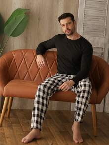 Men's Long Plaid Pajamas Cold Winter Flannel - 黑色 - 查看 4