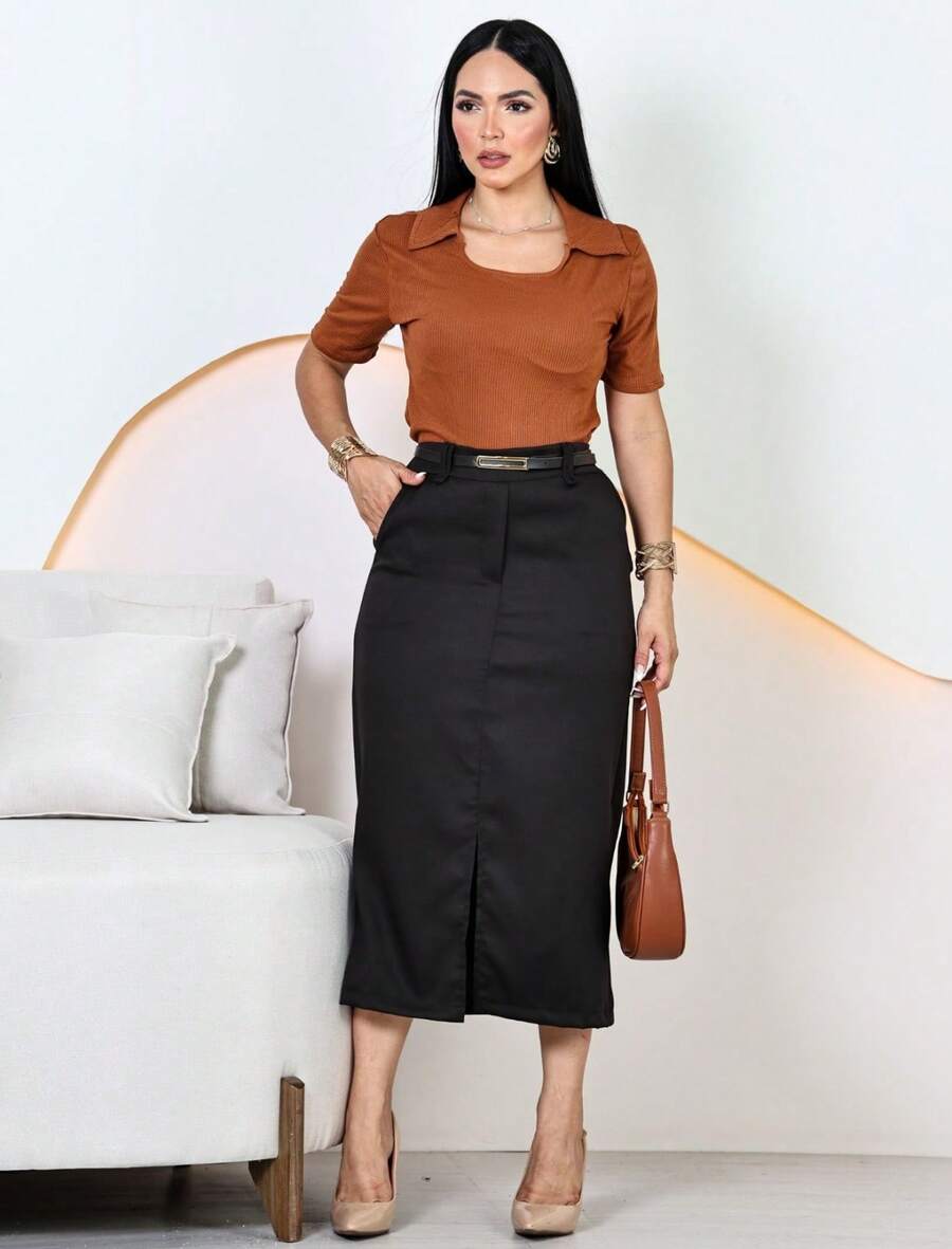 Women's Elegant Tailored Midi Skirt With Belt - màu đen - Xem 1