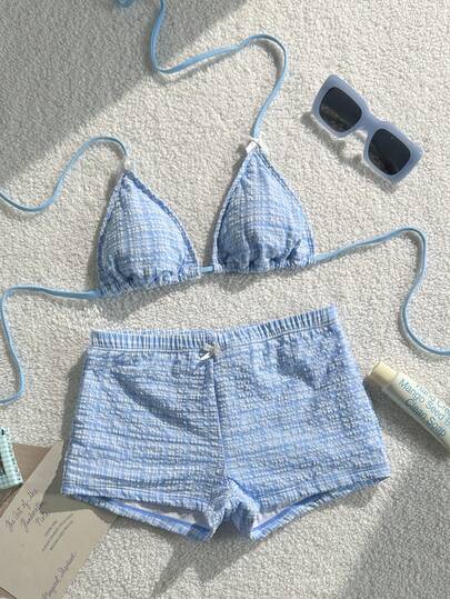 两件套女士泳衣，可爱比基尼，适合度假，蓝色格子夏季碎花雏菊沙滩套装，健身短裤套装，性感Y2K风格，适合户外度假、音乐节、夏季/沙滩泳装