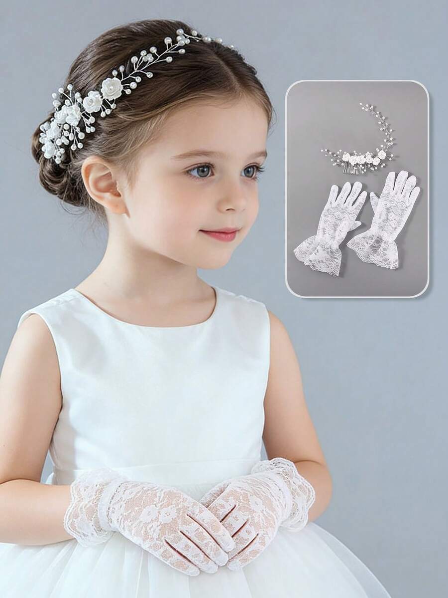 2 pièces/set Accessoires pour cheveux avec fleurs de perles et gants en dentelle pour filles - Accessoires de princesse élégants convenant pour demoiselle d'honneur, communion, concours de beauté et fête d'anniversaire, adapté pour les 3-8 ans - fourchettes à cheveux et gants - Voir 1
