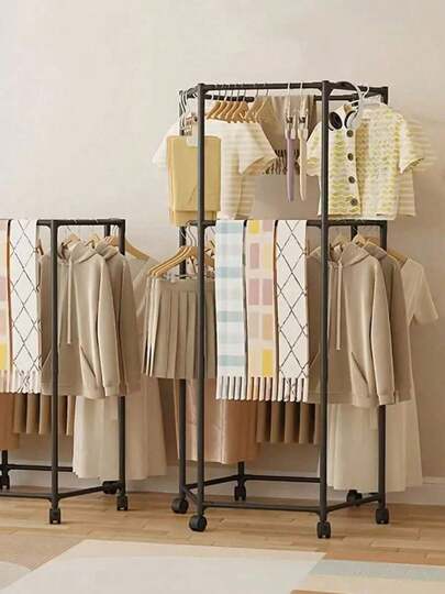6-Sided Rotating Clothes Rack - Sturdy Metal Tube, Design, Portable Efficient Clothing Storage And Display, Black/White, Suitable All Seasons Laundry Organizer Hexagonal Shape With 6 Wheels Rotating Movable Drying Rack, Black And White Options, Stable 16mm Thickened Metal Rod Support, Suitable Bedroom, Living Room, Balcony, Laundry Room