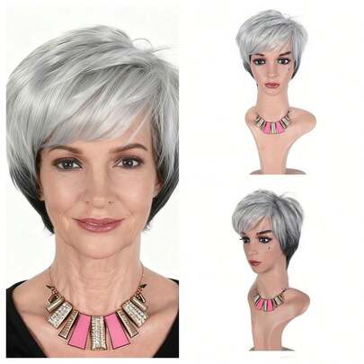 4-Inch Short Fluffy Synthetic Wig With Side Bangs, Silver Gray Color, Suitable For Daily Wear, Festivals, Halloween Costumes, Parties