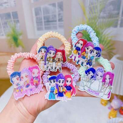 Dây buộc tóc phong cách Kpop với mặt dây chuyền acrylic, in hình nhân vật hoạt hình dễ thương, dây buộc tóc co giãn dùng cho các kiểu tóc hàng ngày.