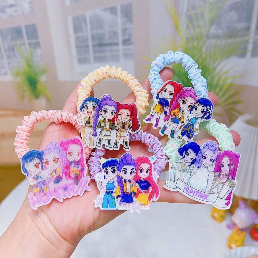 Dây buộc tóc phong cách Kpop với mặt dây chuyền acrylic, in hình nhân vật hoạt hình dễ thương, dây buộc tóc co giãn dùng cho các kiểu tóc hàng ngày.