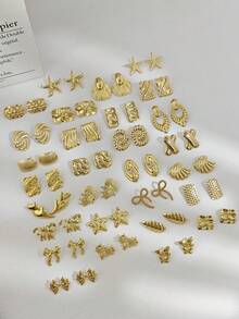 4 Pairs Assorted Stainless Steel Vintage Oversized Earring Set, Including Star, Shell, And Bow Designs, Elegant Gold-Tone Earrings Suitable For Weddings And Other Important Occasions - Multicolor - View 10