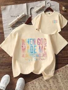 这款少女T恤印有“上帝创造我时，他微笑着说，这会很有趣”的趣味标语，面料柔软舒适，适合女孩户外运动、日常穿着、街头风、校园风等各种场合，是春夏时尚休闲的理想之选。 - 杏色 - 查看 5