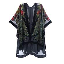 WeHello-Burnout Velvet Kimono For Women Long Cardigan Beach Cover Up Vacation Casual Shawl Swimwear Coverups Clothes Outfit Womenswear Chic Party Piece SpringStatements - Màu Hồng Tươi - Xem 8