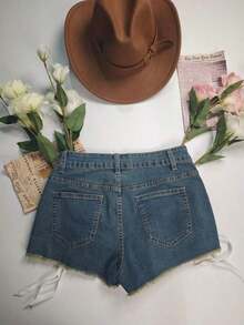 Y2K Streetwear Style Women's Distressed Retro Lace-Up Denim, Summer Elastic Jean Shorts Casual - Giặt vừa - Xem 10