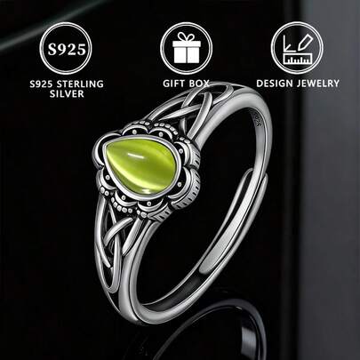 خاتم قابل للتعديل مزين بحجر عين القطة الاصطناعي والزهور الفضية العتيقة 925 للنساء