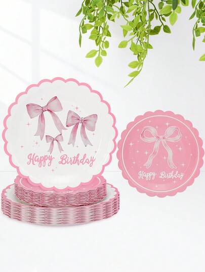 10 יחידות/20 יחידות/30 יחידות סט צלחות נייר ליום הולדת עם פפיון ורוד, צלחות חד פעמיות בגודל 9 ו-7 אינץ', צלחות משובצות לבנות וורודות עם פפיון ורוד ודוגמא "יום הולדת שמח", ציוד למסיבת יום הולדת חמוד למסיבת יום הולדת, מקלחת כלה, מסיבת תה וקישוטי שולחן גברים נשים