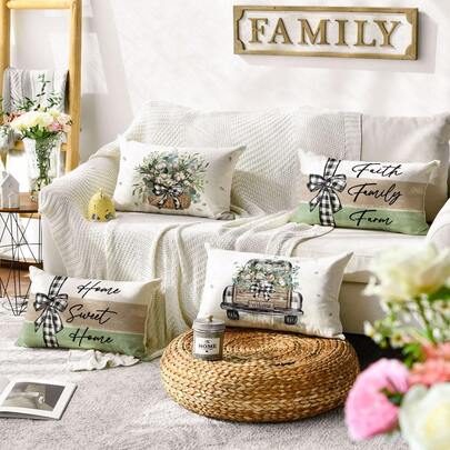 4件套 Homestead Sweet Cottage 桉树叶枕套，12 x 20 英寸卡车条纹水牛格纹靠垫套装饰，单面，不含枕芯