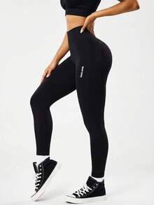 TCVC Koleksi Terbaru Musim Semi/Panas Celana Legging Olahraga Wanita TCVC.GYM Bermotif Tanpa Jahitan dan Elastisitas Tinggi - Hitam - View 4