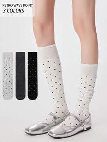 1 Pair Summer Thin -Style Polka Dot Grey Knee-High Socks, Ins Sweet Girl Leg Warmers, Women Polka Dot Socks - Knitted Ribbed Over-The-Knee Socks, Elegant Academic Style Elastic Breathable Socks, Suitable For Daily, School And Date Outfits - Multicolor - View 3