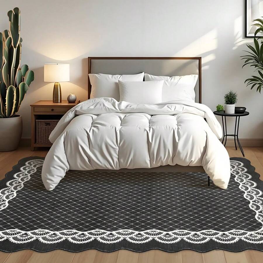Washable Rugs, Rug Modern Geometric Living Room Rug, Stain-Resistant Scalloped Throw Rugs, Soft Faux Wool Carpet For Bedroom Entryway Office Dorm - Black(120*170cm) - View 1