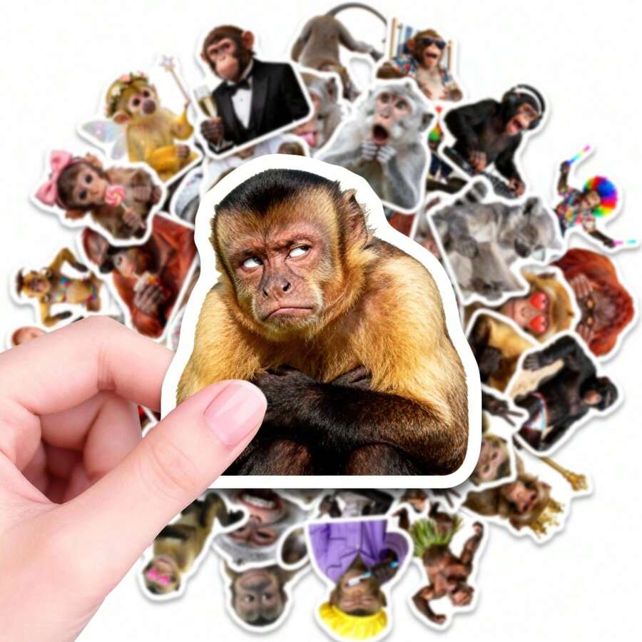50张趣味猴子贴纸，防水乙烯基材质，成人适用，完美装饰水瓶、笔记本电脑、滑板、手机、剪贴簿、行李箱、吉他、自行车等，可爱动物贴纸套装，青少年和成人可个性化定制物品 - 彩色 - 查看 1