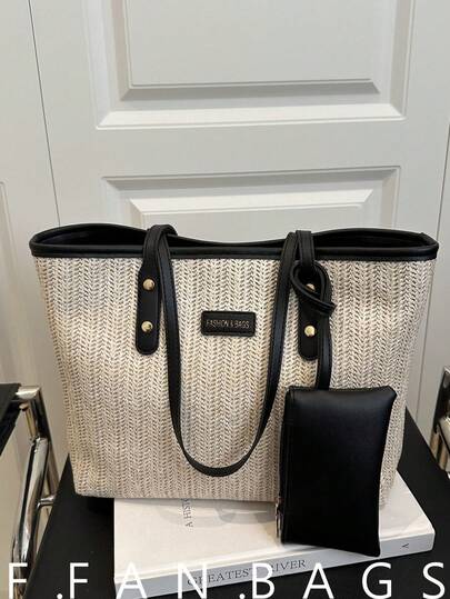 Two Pieces Set Of Women's Straw Handbags, A Fashionable Vacation Beach Bag, With Large Capacity And Various Uses, Which Is Very Suitable For Daily Travel.