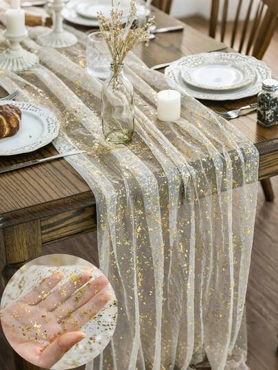 Khăn trải bàn màu vàng kim 118,11 inch, khăn trải bàn trong suốt đính kim sa lấp lánh màu vàng kim - Trang trí địa điểm tổ chức đám cưới và trang trí bàn tiệc, phù hợp cho các bữa tiệc, sinh nhật, tiệc cưới, tiệc mừng em bé, Giáng sinh và trang trí nhà cửa.