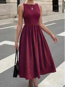 Women's Crew Neck Fitted Long Sleeve Bodycon Dress Summer Elegant - Red - View 1