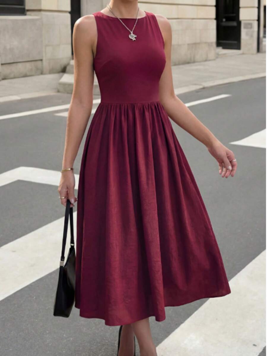 Women's Crew Neck Fitted Long Sleeve Bodycon Dress Summer Elegant - Red - View 1
