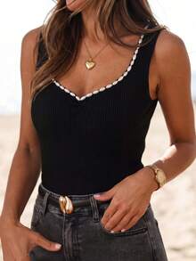 Women's Sexy Sleeveless Ribbed Knit V-Neck Camisole Top With Pearl Beaded Trim, Fashion Regular Length Knit Tube Top, Suitable For Summer Beach Music Festival, Black - Black - View 3