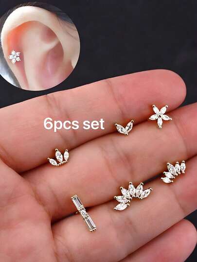 6 đôi khuyên tai nữ thời trang đính đá Cubic Zirconia sáng bóng, khuyên tai bạc không gỉ, thích hợp cho xỏ khuyên vành tai, vành tai, sụn tai, quà tặng dự tiệc.