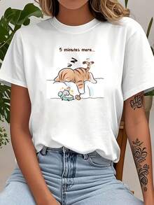Sleepy Cat 5 Minutes More Cartoon Print Fashion Casual Short Sleeve Comfortable Daily Wear Fitted Round Neck Women's T-Shirt - 白色 - 查看 1