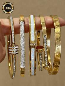 ZCNC 5pcs/Set Personalized Multi-Color Stainless Steel Bracelet & Bangle Set, Unique Design, Fashionable, Multi-Element, Exquisite Ideal Gift, Non-Fading Jewelry, Stylish - Gold 13 - View 13