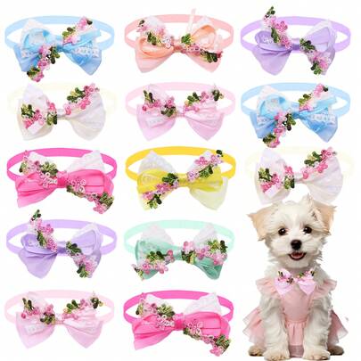 4/10PCS Lace Fabric Flower Pet Tie, Colorful And Cute Dressing Up For Pets, Eye-Catching Tool For Picnics, Dates, Festivals And Parties, Pet Beauty And Hairdressing Decoration, Pet Supplies, Happy Pet Photography, Weddings, Parties, Holiday Dressing Up Tool, Perfect Gift For Pets!