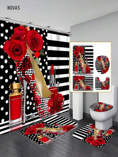 Bộ 1/3/4 món rèm tắm in họa tiết hoa hồng đỏ và da báo cho phòng tắm, họa tiết thời trang cổ điển, vải polyester có thể giặt, chống thấm nước, phụ kiện trang trí phòng tắm, kèm 12 móc - Bao gồm cả tấm phủ bồn cầu, thảm tắm và thảm trải sàn, hoàn hảo cho nhà/phòng ngủ/phòng khách/đồ dùng gia đình