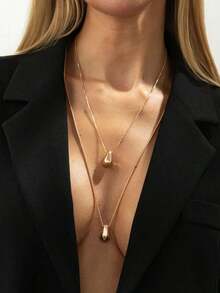 2pcs/Set Minimalist Vintage Fashion Metal Water Drop Pendant Long Necklace, Suitable For Women's Daily Wear, Casual, Romantic, Business Party Jewelry - 黃金2 - 查看 2