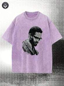2026 Summer TopsWashed, Malcolm X Black And White Portrait Pattern Printed T-Shirt, Spring And Summer Casual Men's T-Shirt, Round Neck Cotton Shor - 紫色 - 查看 7