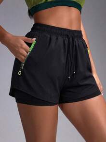 Quần short nữ cạp chun, kiểu dáng thường ngày, đa năng, có dây rút. - màu đen - Xem 3