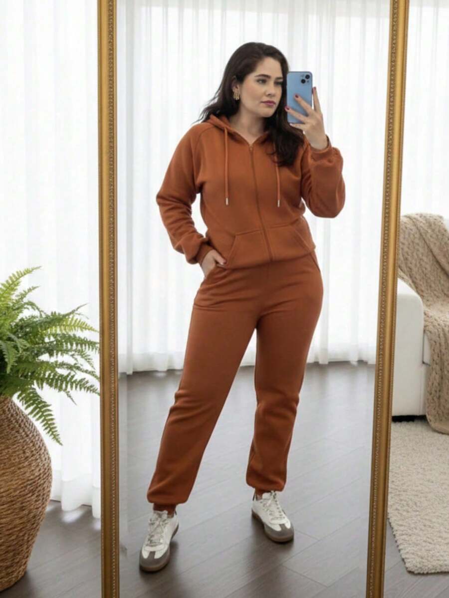 Women's Winter Tracksuit Set: Jacket With Zipper And Hood, Casual Jogger Pants. Comfortable, Warm, And Stylish. Sporty Look, Gym, Travel, Everyday Wear. - 駝色 - 查看 1